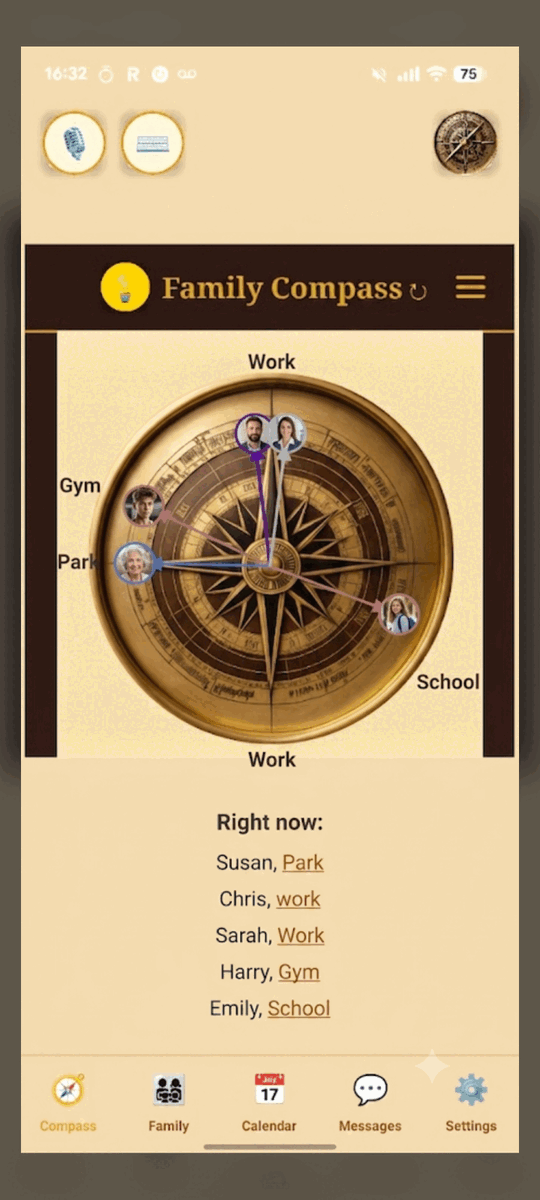 FamilyCompass home screen showing each family member's live location as a compass bearing — Park, Work, School