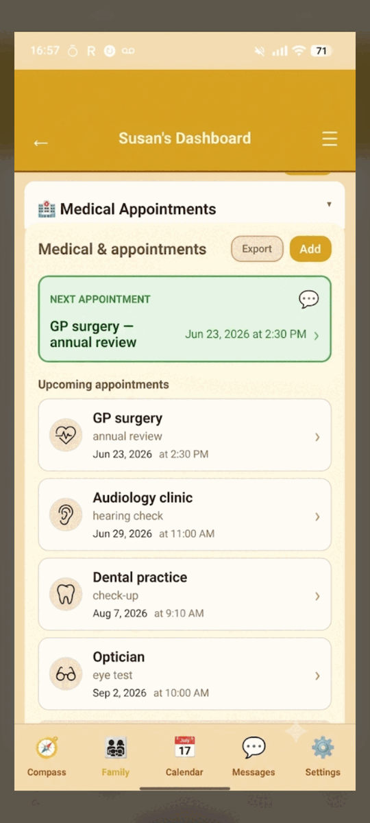 CareCompass shared medical appointments list — GP review, audiology, dental and optician dates visible to the whole family