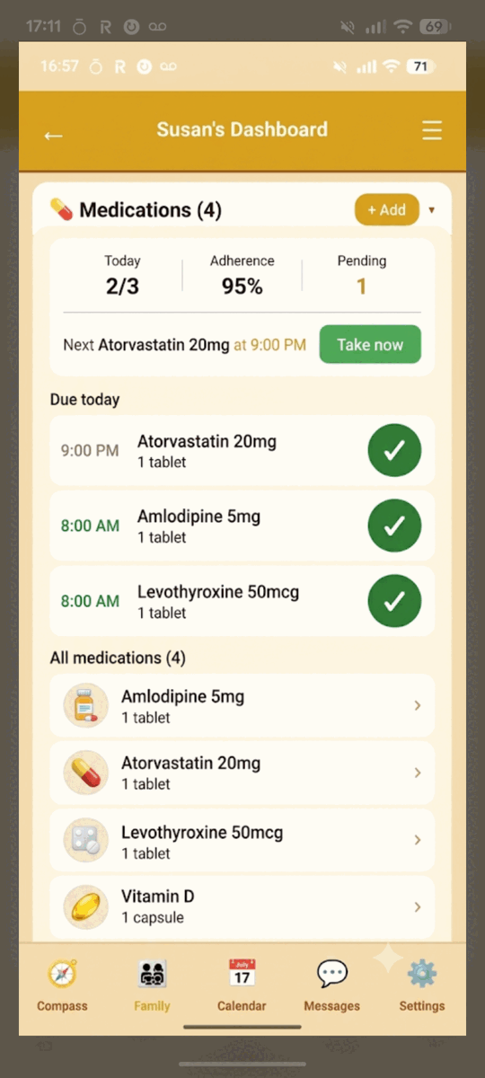 HealthCompass medication record showing today's doses, adherence and what's due next for a family member