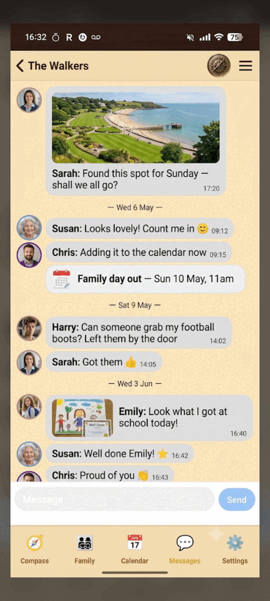 Ende-zu-Ende-verschlüsselter Chat in FamilyCompass — Fotos, Pläne und ein Kalendertermin in einem privaten Verlauf geteilt